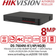 DS-7604NI-K1/4P/4G(B) Hikvision 4-Ch 4 PoE 8MP/4K 1 SATA 4G NVR, HDMI Video Output at up to 4K Resolution, H.265+/H.265/H.264+/H.264 Video Compression 
