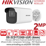Hikvision Full HD 1080p 2MP IP PoE Bullet Camera with 6mm Fixed Lens, Supplement Light Range Up to 50m, Water and Dust Resistant (IP67) - DS-2CD1P23G0-I(UF) (6mm)