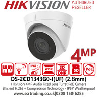 Hikvision DS-2CD1343G0-I(UF) (2.8mm) 4MP IP PoE Audio Turret Camera with 2.8mm Fixed Lens, 30m IR Range, 1/3" Progressive Scan CMOS, Built-in Microphone, IP67 Water and Dust Resistant 