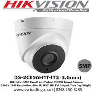  Hikvision 5MP 3.6mm Fixed lens 40m IR IP67 EXIR OSD menu DNR DWDR HD-TVI Turret Camera - (DS-2CE56H1T-IT3)