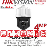 Hikvision 4MP 40 × Optical Zoom, 16 × Digital Zoom IP PoE IR Traffic PTZ Camera with 400m IR Range, Water and Dust Resistant (IP67), 140 dB WDR, 3D DNR, HLC, BLC, EIS, Defog - iDS-2VS435-F840-EY(T5)