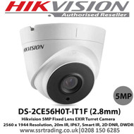  Hikvision 5MP 2.8mm Fixed lens 20m IR IP67 EXIR OSD menu 2D DNR DWDR4-in-1 switchable TVI/AHD/CVI/CVBS Turret Camera - (DS-2CE56H0T-IT1F)