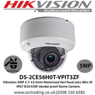  Hikvision 5MP 2.7-13.5mm Motorized Vari-focal Lens 40m IR IP67 IK10 EXIR Vandal-proof Dome Camera - DS-2CE56H0T-VPIT3ZF
