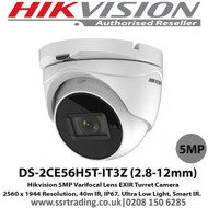  Hikvision 5MP 2.8-12mm Motorized vari-focal lens 40m IR Ultra low light WDR IP67 Turret Camera - (DS-2CE56H5T-IT3Z)