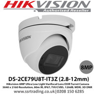 Hikvision 8MP 4K  2.8-12mm Motorized varifocal lens 80m IR Ultra Low Light  IP67 WDR EXIR TVI 80m Smart IR  TVI/CVBS Turret Camera - (DS-2CE79U8T-IT3Z)