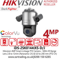 Hikvision PoE 4MP 8-inch IR PTZ IP Camera with Darfighter Technology, [Panoramic ch]: 2.8 to 12 mm; [PTZ ch]: 6.0 to 240 mm, White Light Distance 100 m IR Distance [Panoramic ch]: up to 50 m; [PTZ ch]: up to 500 m  -  iDS-2SK8144IXS-D/J
