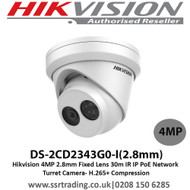  Hikvision 4MP 2.8mm Fixed Lens 30m IR IP PoE H.265+ Compression  Network Turret Camera - DS- 2CD2343G0-I 