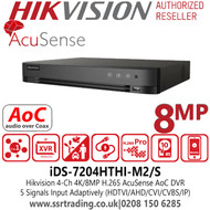 Hikvision 4 Channel 8MP/4K AcuSense AoC DVR, 5 Signals Input Adaptively (HDTVI/AHD/CVI/CVBS/IP), 2 SATA Interfaces  - iDS-7204HTHI-M2/S