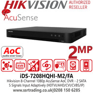 Hikvision iDS-7208HQHI-M2/FA 8 Channel 1080p H.265 AcuSense Audio Over Coaxial 8Ch DVR , HDTVI/AHD/CVI/CVBS/IP Video Inputs,  2 SATA interfaces 