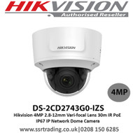  Hikvision  4MP 2.8-12mm Vari-focal Lens 30m IR PoE IP67 IP Network Dome Camera - DS-2CD2743G0-IZS