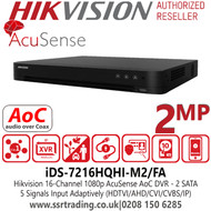Hikvision 16 Channel 1080p AcuSense AoC DVR with 2 SATA Interfaces, Face Picture Comparison, Compatible With Major Wi-Fi Dongle, HDTVI/AHD/CVI/CVBS/IP Video Inputs - iDS-7216HQHI-M2/FA