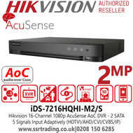 Hikvision 16 Channel 1080p H.265 AcuSense AoC DVR with 2 SATA Interfaces, HDTVI/AHD/CVI/CVBS/IP Video Inputs, Audio via Coaxial Cable  - iDS-7216HQHI-M2/S