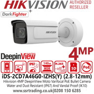 Hikvision 4MP IP PoE DeepinView Motorized Varifocal Bullet Camera with 2.8-12mm Lens, 50m IR Range, DarkFighter Technology, Water And Dust Resistant (IP67) And Vandal Proof (IK10) - iDS-2CD7A46G0-IZHS(Y)(R)