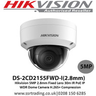 Hikvision  5MP 2.8mm Fixed Lens 30m IR  H.265+ Compression PoE IP WDR Dome Camera - DS-2CD2155FWD-I