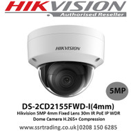  Hikvision 5MP 4mm Fixed Lens 30m IR H.265+ Compression  PoE IP WDR Dome Camera - DS-2CD2155FWD-I 