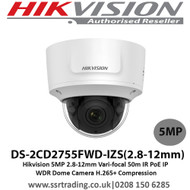  Hikvision  5MP 2.8-12mm Vari-focal 50m IR  H.265+ Compression PoE IP WDR Dome Camera - DS-2CD2755FWD-IZS