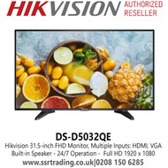 Hikvision 32" LED Backlight Monitor - LED Backlit Technology With Full HD 1920 x 1080 - Built-in Speaker - Multiple interfaces: HDMI, VGA, audio in - 24/7 Operation - DS-D5032QE