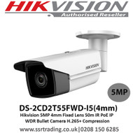  Hikvision 5MP 4mm Fixed Lens 50m IR H.265+ Compression  PoE IP WDR Bullet Camera -  DS-2CD2T55FWD-I5 
