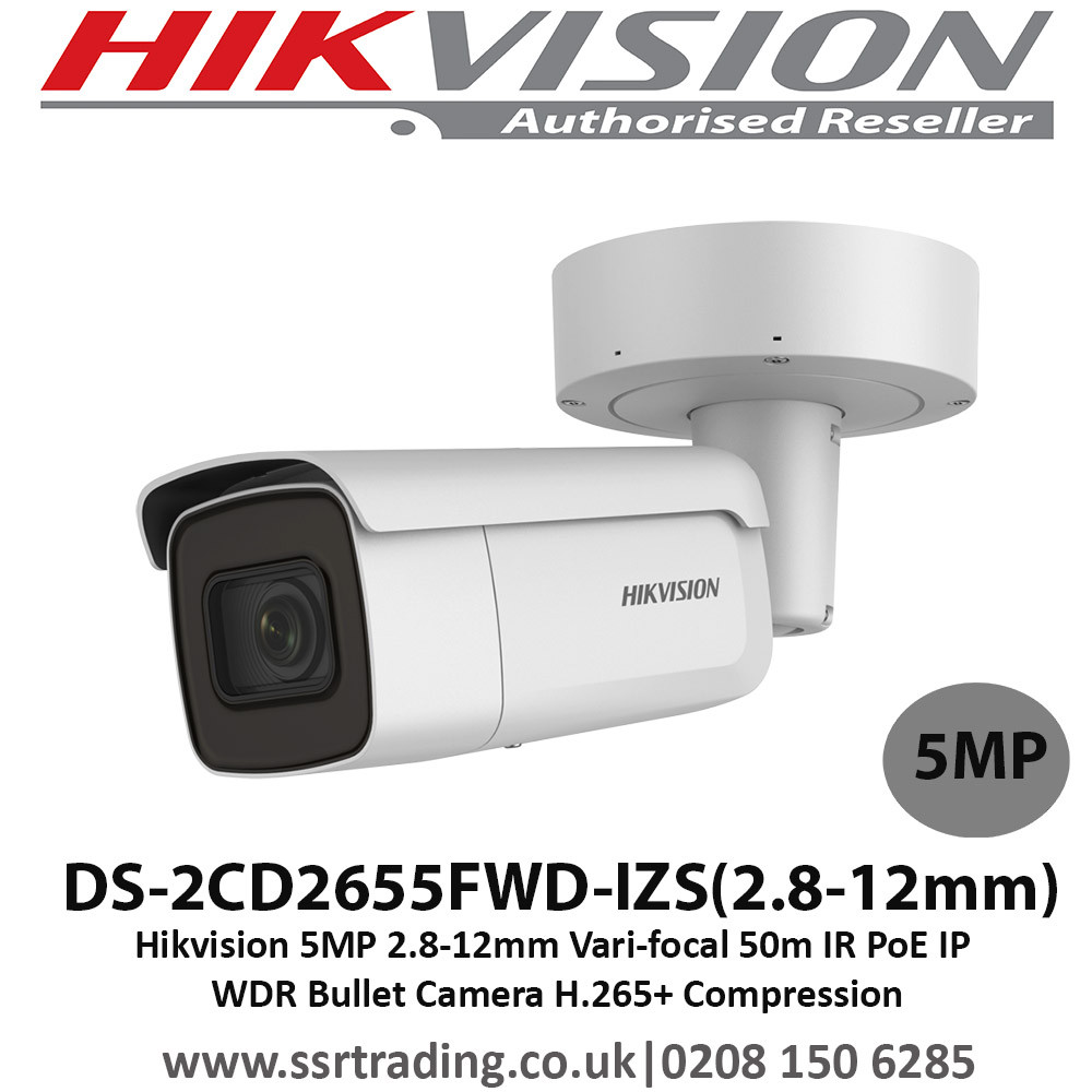 Hikvision 5MP 2.8-12mm Vari-focal 50m IR H.265+ Compression PoE IP WDR  Bullet Camera - DS-2CD2655FWD-IZS