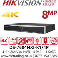 Hikvision 4Ch Acusense 4K NVR, 4 PoE, 1 SATA - DS-7604NXI-K1/4P