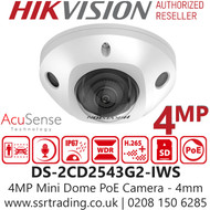 Hikvision 4MP AcuSense Built-in Mic Mini Dome IP PoE Camera with 4mm Fixed Lens, 30m IR Range, Water And Dust Rresistant (IP67) And Vandal Resistant (IK08)  - DS-2CD2543G2-IWS