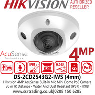 Hikvision DS-2CD2543G2-IWS 4MP AcuSense Built-in Mic Mini Dome IP PoE Camera with 4mm Fixed Lens, 30m IR Range, Water And Dust Rresistant (IP67) And Vandal Resistant (IK08) 