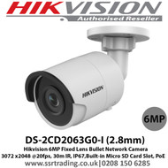  Hikvision 6MP 2.8mm Fixed Lens 30m IR IP67 Bullet Network Camera - (DS-2CD2063G0-I)