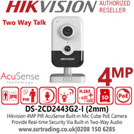 Hikvision 4MP AcuSense PIR IP PoE Cube Camera with 2mm Fixed Lens, Two-way talk, Built in Mic, 120 dB WDR, 10m IR Range, Day, Night, BLC, HLC, 3D DNR,  PIR Range Up to 8m, Motion Detection, Video Tampering Alarm, Face Detection - DS-2CD2443G2-I (2mm)