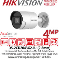 Hikvision 4MP PoE IP AcuSense Audio Outdoor Bullet Camera with 2.8mm Fixed Lens, 40m IR Distance, 120dB WDR, IP67 Water and Dust Resistant, Built in Microphone - DS-2CD2043G2-IU (2.8mm)