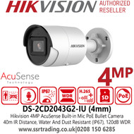 DS-2CD2043G2-IU (4mm) Hikvision 4MP AcuSense Outdoor Bullet PoE IP Camera with 4mm Fixed Lens, 40m IR Range, Built-in Microphone, Water and Dust Resistant (IP67) 