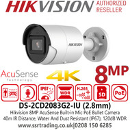 Hikvision 8MP Night-vision IP PoE AcuSense Outdoor Camera with 2.8mm Fixed Lens, 40m IR Range, Built in Microphone, 120dB WDR, H.265+ Compression Technology - DS-2CD2083G2-IU (2.8mm)