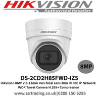 Hikvision  8MP 2.8-12mm Vari-focal Lens 30m IR H.265+ Compression  PoE IP Network WDR Turret Camera - DS-2CD2H85FWD-IZS
