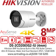 Hikvision 8MP AcuSense PoE Bullet Camera with 4mm Fixed Lens, 40m IR Range, High Quality Imaging With 8 MP Resolution - DS-2CD2083G2-IU (4mm)