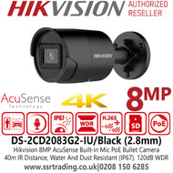 Hikvision 4K AcuSense Audio Bullet 8MP IP PoE Camera with 2.8mm Fixed Lens, 40m IR Range, 120dB WDR, Built in Microphone, IP67 Water and Dust Resistant - DS-2CD2083G2-IU/Black