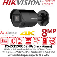 DS-2CD2083G2-IU/Black (6mm) Hikvision 4K AcuSense Bullet Audio Night-Vision Outdoor 8MP PoE Camera 