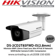 Hikvision  DS-2CD2T85FWD-I5 8MP 2.8mm Fixed Lens 30m IR  H.265+ Compression PoE IP Network WDR Bullet Camera