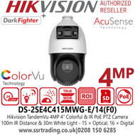 Hikvision TandemVu 4MP 4 inch Colorful & IR PoE PTZ Camera with 15 × Optical, 16 × Digital Zoom, Expansive Night View With up to 100 m IR Distance & 30m White Light - DS-2SE4C415MWG-E/14(F0)