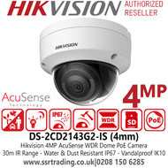 Hikvision 4MP AcuSense IP PoE Camera with 4mm Fixed Lens, IP67 Water and Dust Resistant - DS-2CD2143G2-IS(4mm)