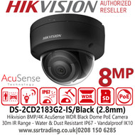 Hikvision DS-2CD2183G2-IS/Black (2.8mm) 8MP IP PoE AcuSense Black Dome Camera with 2.8mm Fixed Lens, 30m IR Distance, IP67 Water and Dust Resistant, IK10 Vandal Resistant, 120dB WDR 