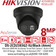 Hikvision 4K/8MP IP PoE AcuSense Audio Black Turret Camera with 4mm Fixed Lens, 30m IR Distance, Built-in Microphone, IP67 Water and Dust Resistant, 120dB WDR - DS-2CD2383G2-IU/Black (4mm) 