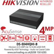 DS-E04HQHI-B Hikvision 4Ch 4MP Lite H.265 eSSD DVR, Audio Via Coaxial Cable, Powered By eSSD Technology 
