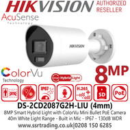 Hikvision DS-2CD2087G2H-LIU (4mm) 8MP/4K PoE IP Smart Hybrid Light with ColorVu Mini Bullet Network Camera with 4mm Fixed Lens, 40m White Light Range, IP67 Water and Dust Resistant, 130dB WDR, Built-in Microphone 