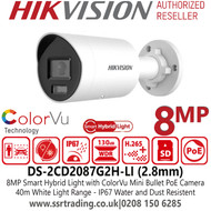 Hikvision IP PoE 8MP/4K Smart Hybrid Light with ColorVu Mini Bullet PoE Camera with 2.8mm Fixed Lens, 40M White Light Range, 130dB WDR - DS-2CD2087G2H-LI (2.8mm) 