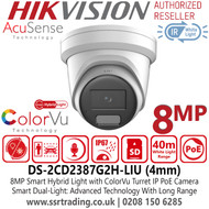 Hikvision DS-2CD2387G2H-LIU (4mm) 4K Smart Hybrid Light with ColorVu Turret IP PoE 8MP Camera with 4mm Fixed Lens, 40m White Light Range, IP67 Water and Dust Resistant, Built-in Microphone, 130dB WDR 