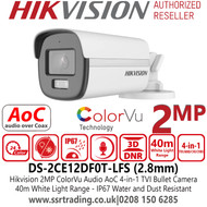 Hikvision DS-2CE12DF0T-LFS (2.8mm) 2MP Smart Hybrid Light ColorVu TVI Bullet Camera with 2.8mm Fixed Lens, 40m White Light Range, IP67 Water and Dust Resistant, Built-in Microphone, 3D DNR, Digital WDR, Audio Over Coaxial 