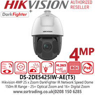 Hikvision 4MP IP PoE DarkFighter IR Speed Dome PTZ Camera with 25× Optical Zoom and 16× Digital Zoom, 150m IR Range, WDR, HLC, BLC, 3D DNR, Defog, 24 VAC & PoE  - DS-2DE5425IW-AE(T5)