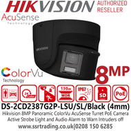 DS-2CD2387G2P-LSU/SL/Black Hikvision 8MP IP PoE Panoramic ColorVu AcuSense Turret Camera with 4mm Fixed Lens, 30m White Light Range, Water and Dust Resistant (IP67), Active Strobe Light and Audio Alarm to Warn Intruders off 