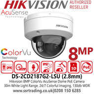 DS-2CD2187G2-LSU (2.8mm) Hikvision 8MP ColorVu Dome IP PoE 4K Camera with 2.8mm Fixed Lens, 30m White Light Range, 130dB WDR, IP67 Water and Dust Resistant, IK10 Vandal Resistant, Built-in Microphone, 24/7 Colorful Imaging 