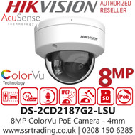 Hikvision 4K ColorVu AcuSense Fixed Lens Dome IP PoE Camera - DS-2CD2187G2-LSU (4mm) 