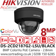 Hikvision 8MP ColorVu AcuSense Fixed Lens Black Dome IP PoE Camera - DS-2CD2187G2-LSU/Black (2.8mm)